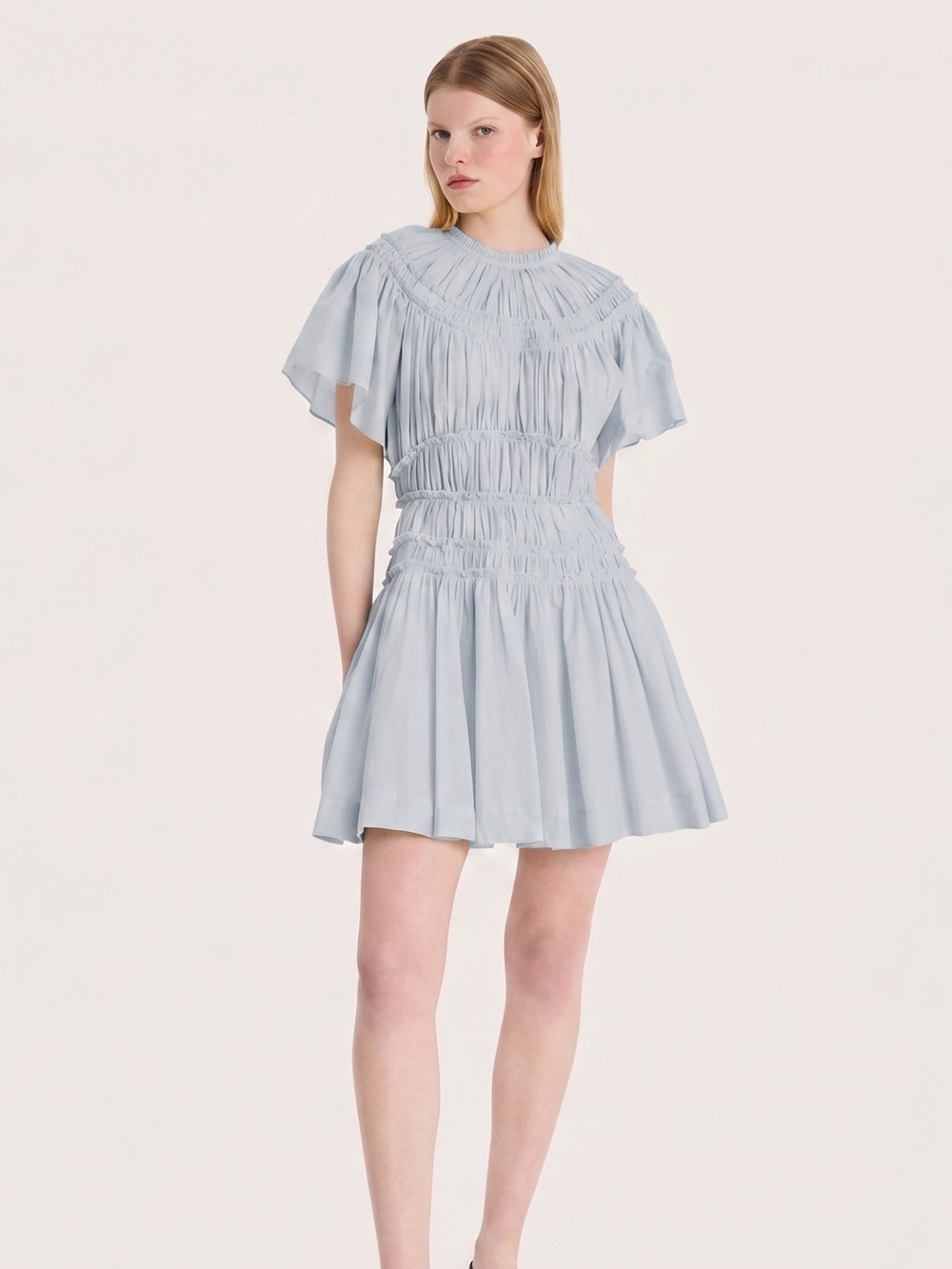 Merlette Smocked Short Sleeve Mini Dress in Light Blue